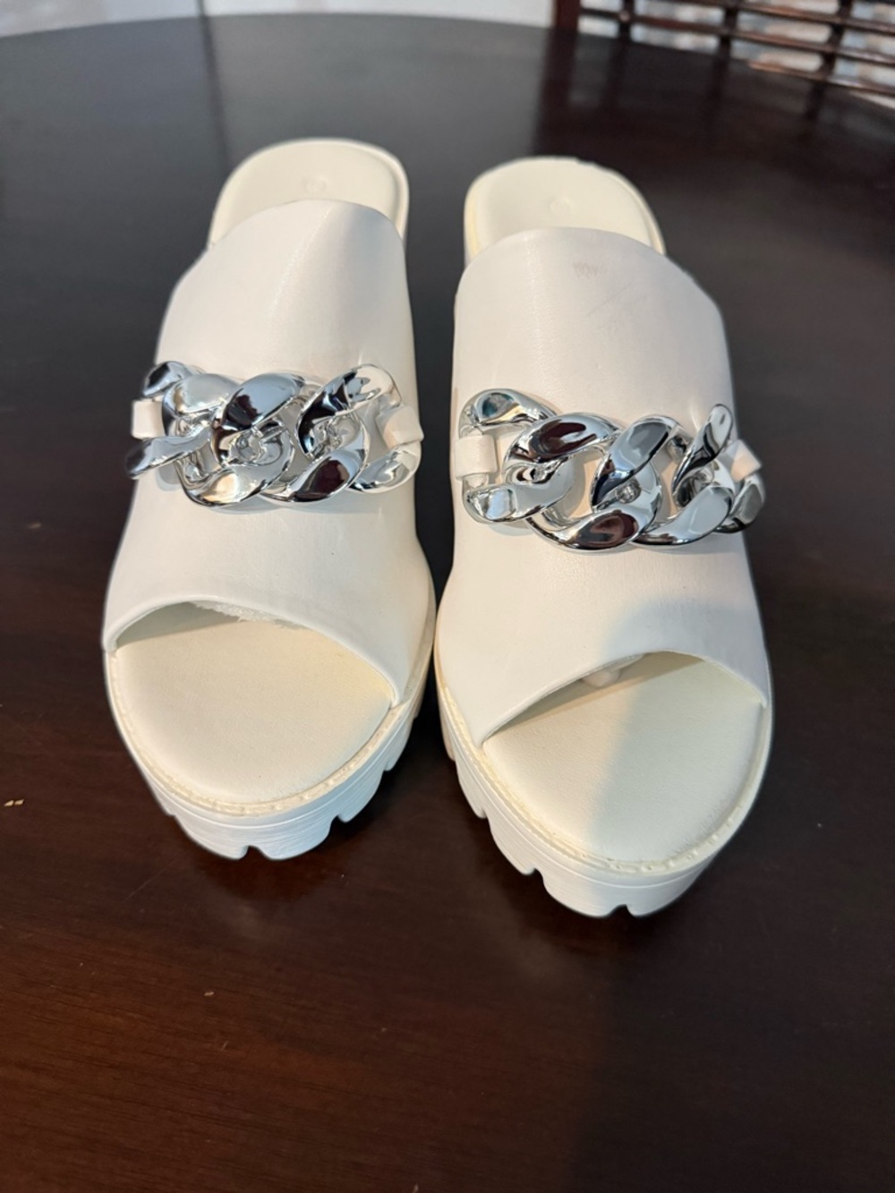 White Platform Slide Mules with Silver Chain Size 9